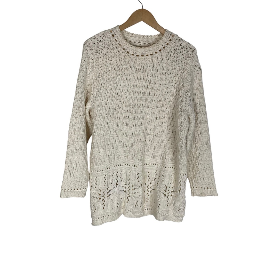 Coldwater Creek Cream Fisherman Knit Sweater Cotton Blend‎ Crew Neck Large - Picture 3 of 9
